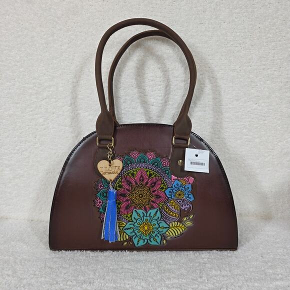 MEXICANA Handbags - Colorful Mandala Embossed Hand Painted Mexican Brown Vegan Leather Dome Handbag